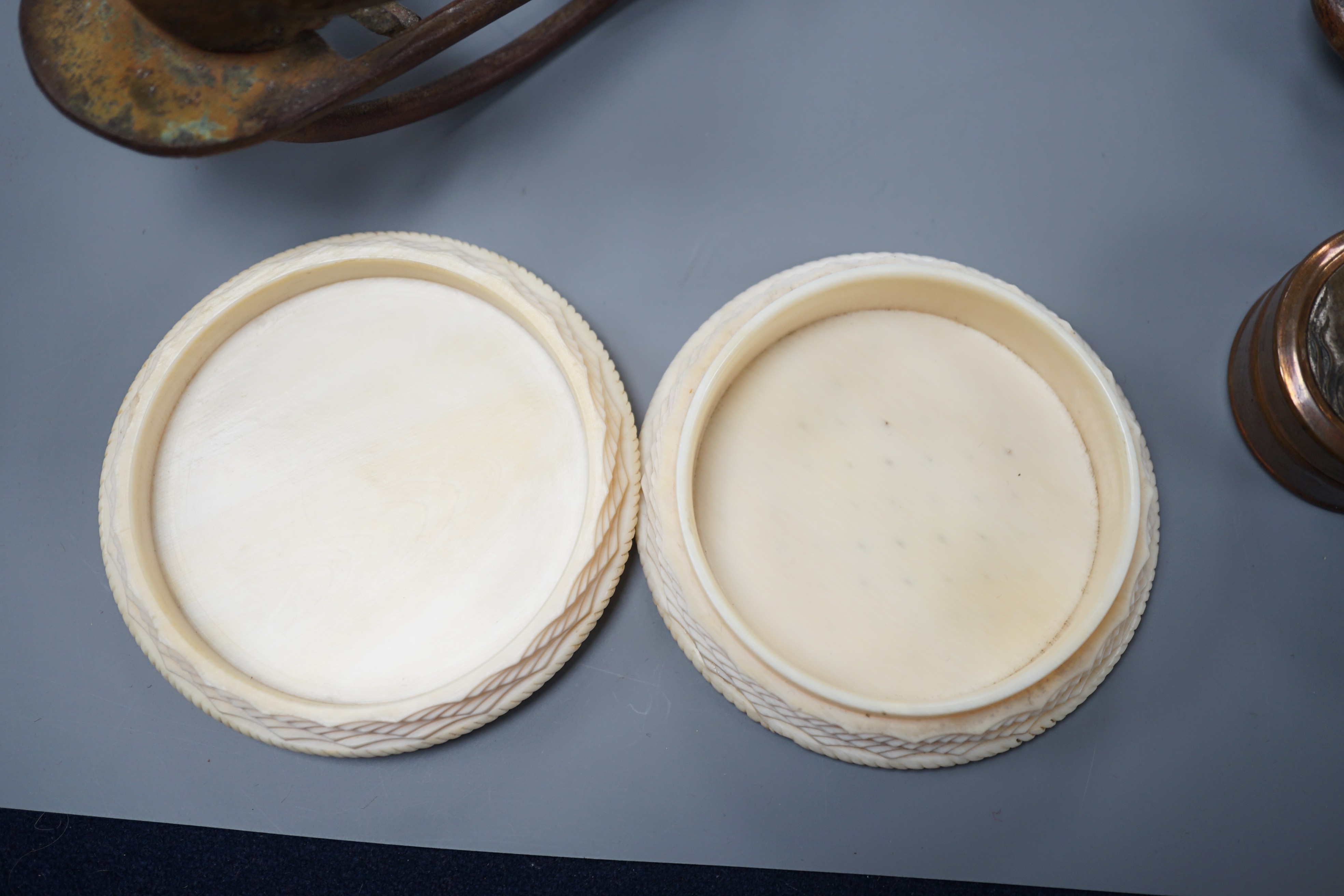 A 19th century engine turned ivory snuff box, scales, boxes etc.